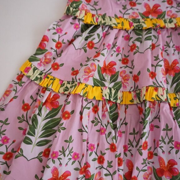 Alden Adair Pink Floral Button Front Tiered Ruffle Short Sleeve Cotton Dress S - Picture 7 of 11